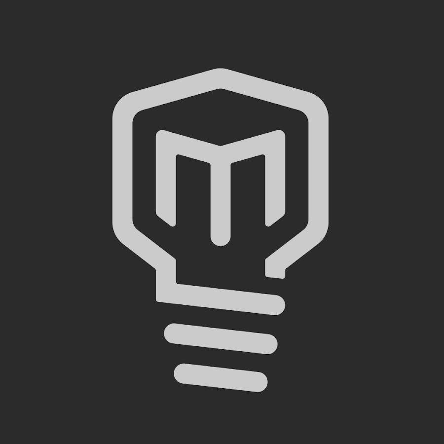 O logo do canal de Mark Rober: o contorno de uma lâmpada em cinza claro sobre um quadrado cinza escuro, com o vidro desenhado como uma letra M.